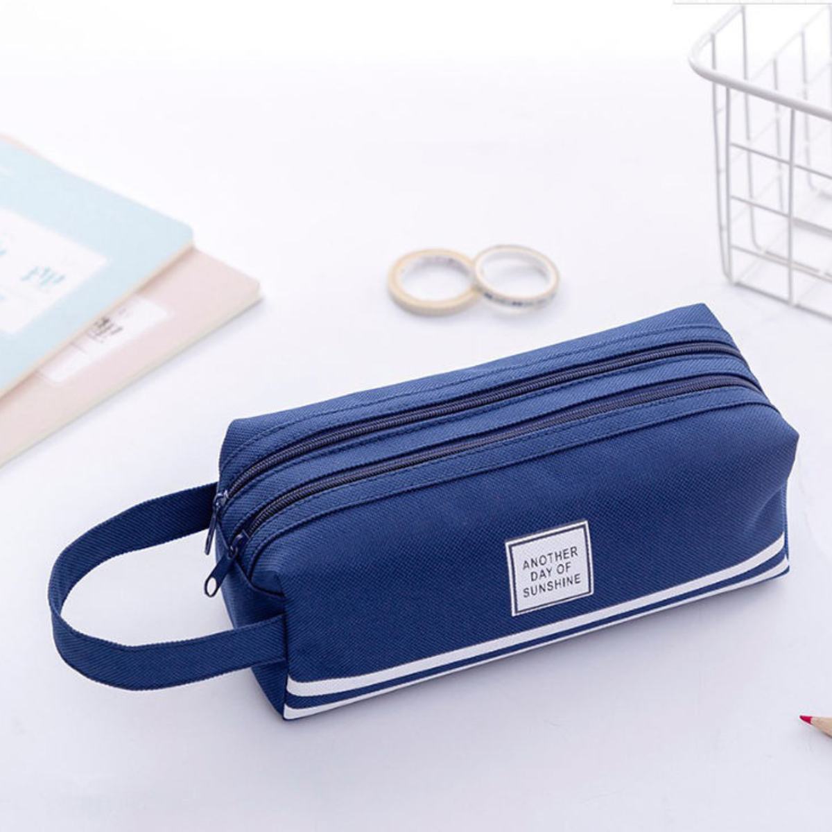 Estojo Escolar Com 2 Compartimentos Azul Marinho